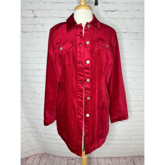 Chico’s Red Velveteen Long Jacket Womens Large - Picture 5 of 9